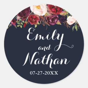 Autocollant de mariage floral bordeaux marine pour
