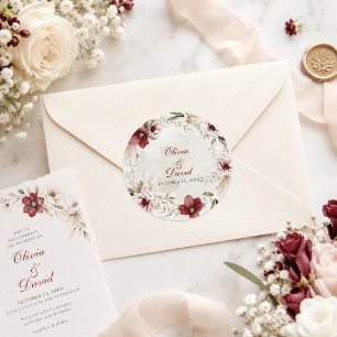 Autocollant de mariage floral ivoire et Bourgogne