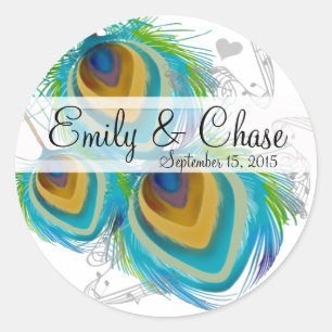 Autocollant de mariage gris aqua 3 plumes de paon