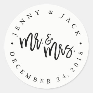Autocollant de mariage moderne noir et blanc M. et