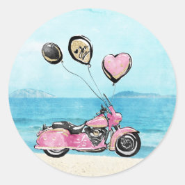 Autocollant de mariage moto rose sur la plage