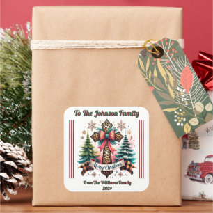 Autocollant de Noël sur un cadeau emballé