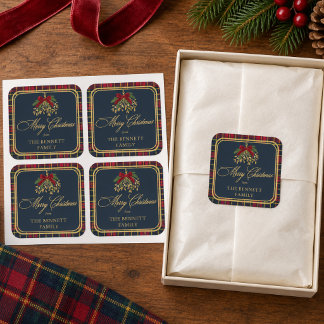 Autocollant de Noël Tartan Marine Monogramme Nœud