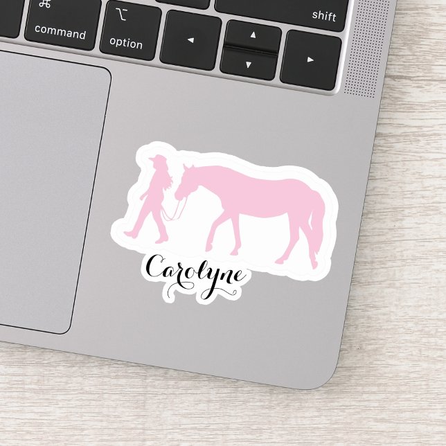 Autocollant de nom personnalisé Fille et Cheval ro (Horse and Girl Sticker with Name Pink)