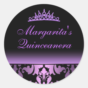 Autocollant de Quinceanera élégant pourpre damassé