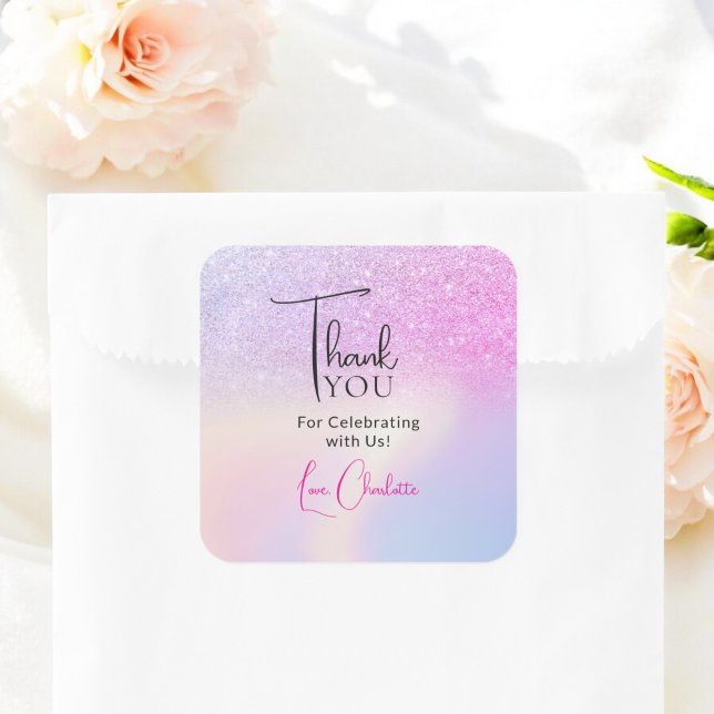 Autocollant de remerciement de mariage rose paille (Pink Purple Glitter Bridal Shower Favor Thank You Square Sticker)