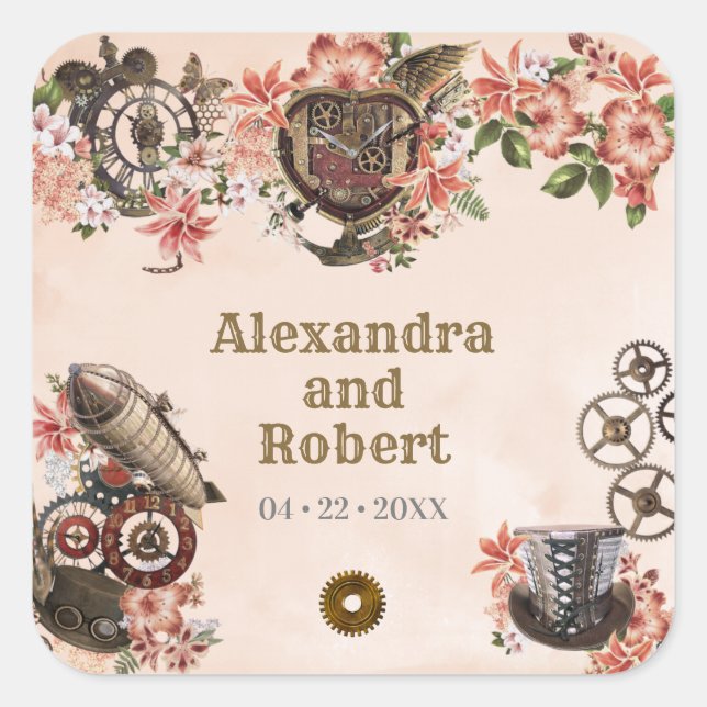 Autocollant de remerciement Steampunk floral (Devant)