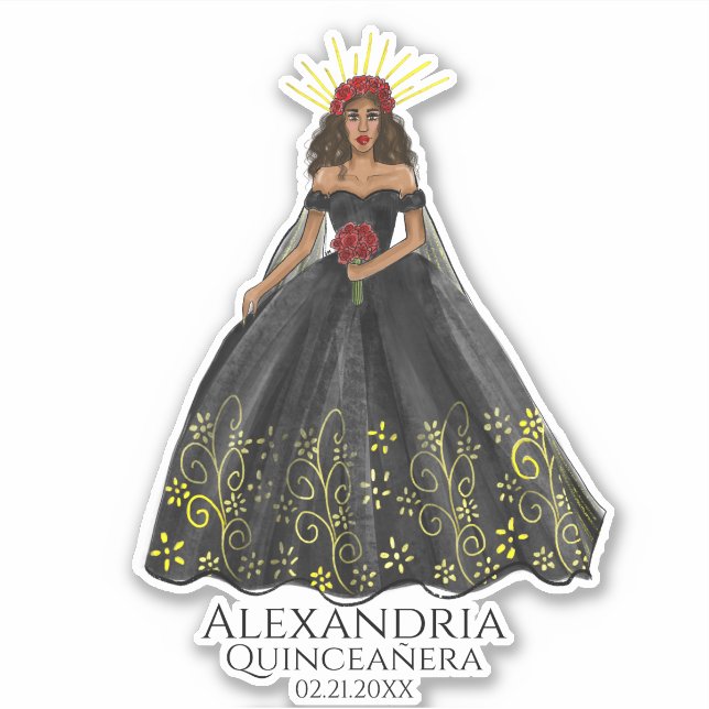 Autocollant de robe Quinceanera noir et or (Devant)