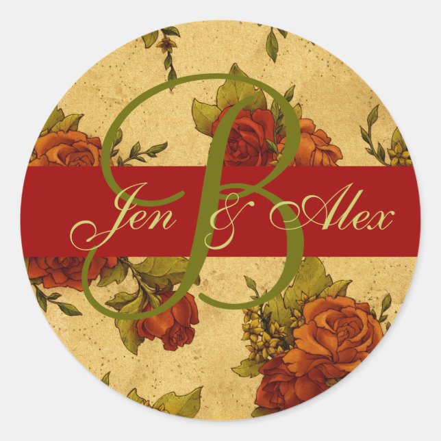 Autocollant de Rose Monogramme et Noms du Mariage  (Devant)