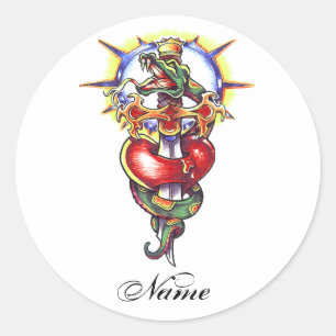 Autocollant de tatouage cool Heart Sword et Snake