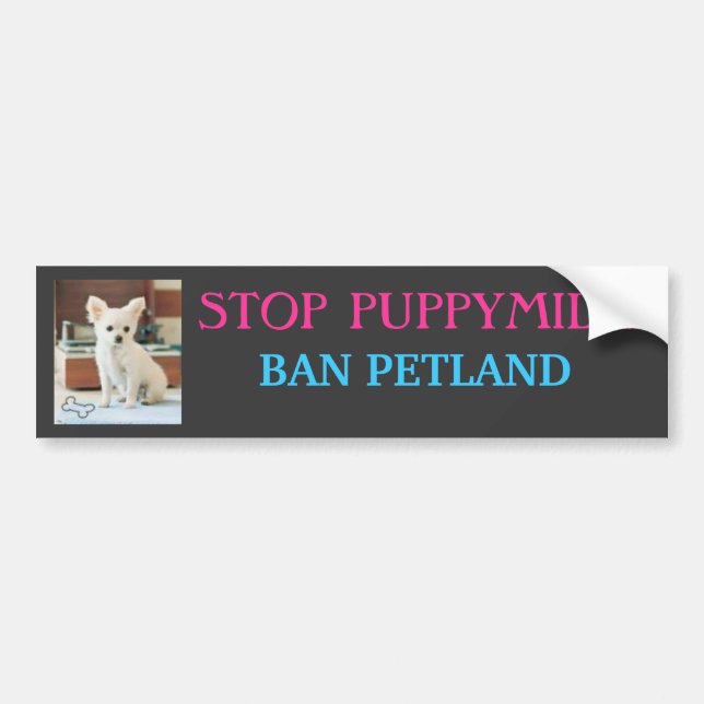 AUTOCOLLANT DE VOITURE ARRÊTEZ PUPPYMILLS, L'INTERDICTION PETLAND (Devant)