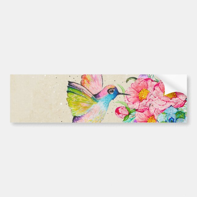 Autocollant De Voiture Colibri et fleurs d'aquarelle (Devant)