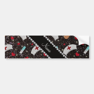 Autocollant De Voiture Custom name black glitter nurse hats heart