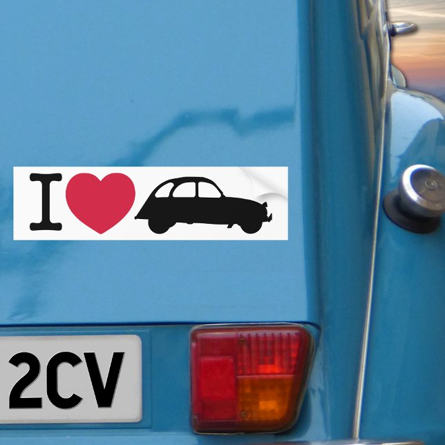 Autocollant De Voiture J'aime Deux Chevaux Old Timer Car (I love 2CV Bumper Sticker in White with a Black Typography and Illustration)