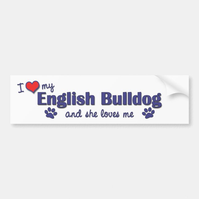 Autocollant De Voiture J'aime mon bouledogue anglais (le chien femelle) (Devant)