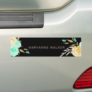 Autocollant De Voiture monogramme de pivoines d'or turquoise