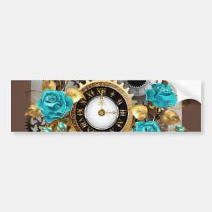 Autocollant De Voiture Steampunk Clock and Turquoise Roses on Striped