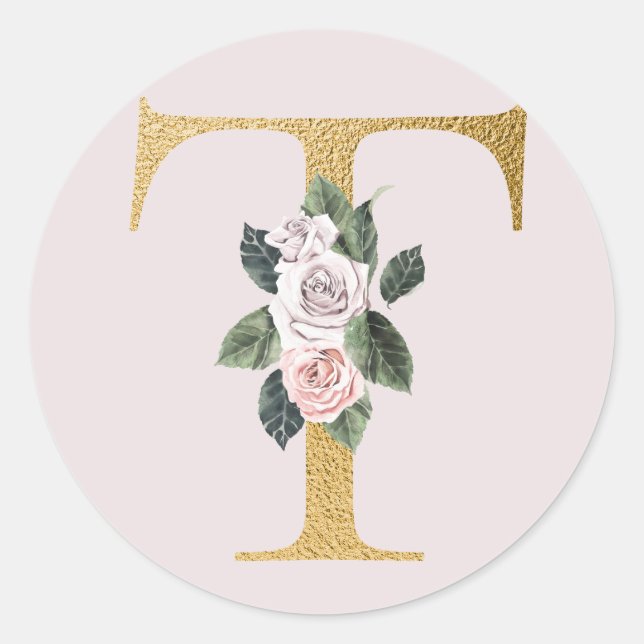 Autocollant d'initiales en or de roses printanière (Devant)