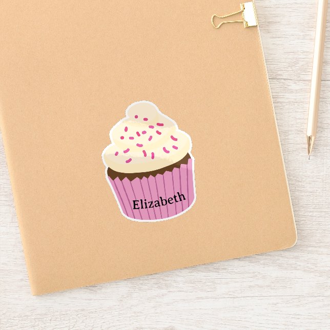 Autocollant / Étiquette cupcake rose personnalisé (Carnet)