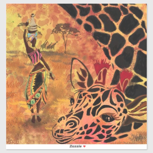 Autocollant femme et girafe d'Afrique (Feuille)
