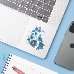 Autocollant floral d'art populaire d'oiseau bleu m