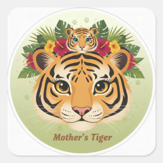 Autocollant floral Majestueuse mère tigre et son p