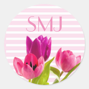 Autocollant floral rond monogrammé avec tulipes ro