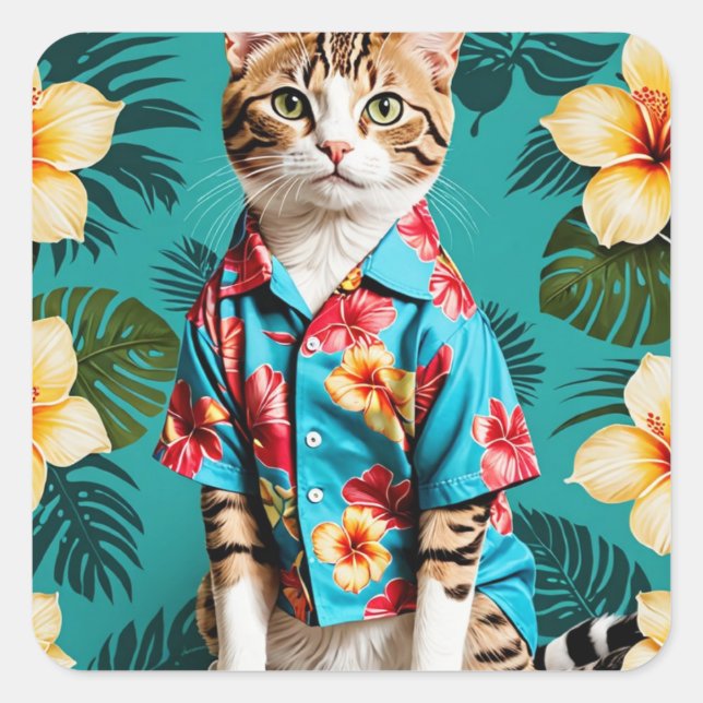 Autocollant hawaïen amoureux des chats (Devant)