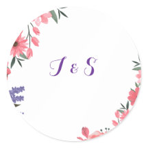 Autocollant Initial de Mariage Floral Lavande & Bl