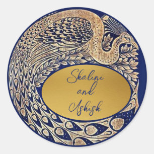 Autocollant Mariage Art Nouveau Peacock Gold Bleu