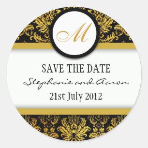 Autocollant Mariage de monogramme Damask noir et o