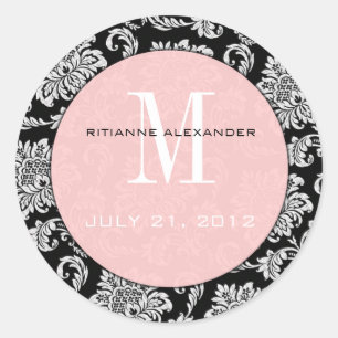 Autocollant Mariage de monogramme rose Damask noir