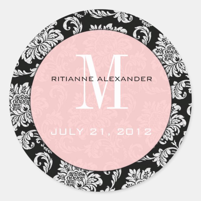 Autocollant Mariage de monogramme rose Damask noir (Devant)