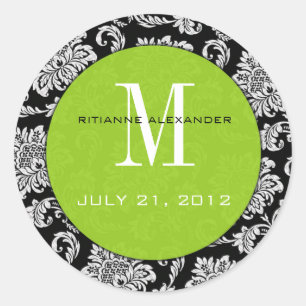 Autocollant Mariage de monogramme vert Damask noir