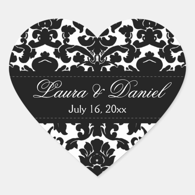 Autocollant Mariage noir et blanc Damask 1,5 pouce (Devant)