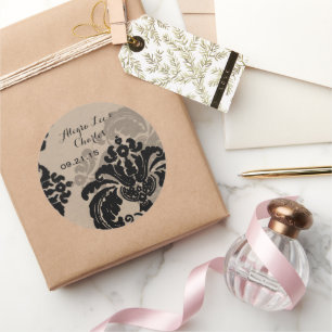 Autocollant Mariage Papier Kraft Brun Damassé Noir