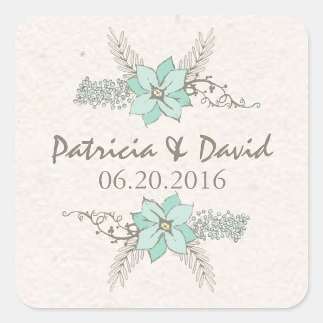 Autocollant Mariage Turquoise Bouquet Aquarelle (Devant)