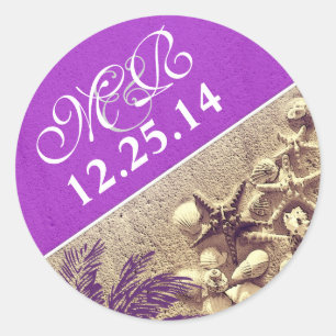 autocollant mariage violet avec monogramme coquill
