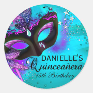 Autocollant Masquerade Quinceanera Turquoise & vio