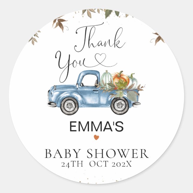 Autocollant Merci Citrouille Baby shower bleu (Devant)