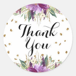Autocollant Merci Fleurs Paillettes Violet Or