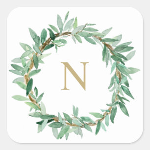 Autocollant monogramme à couronne de feuilles de l