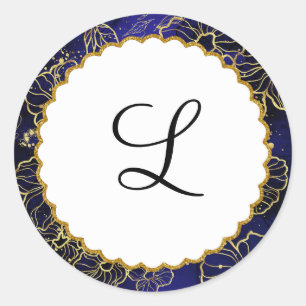 Autocollant Monogramme bleu marine et or floral