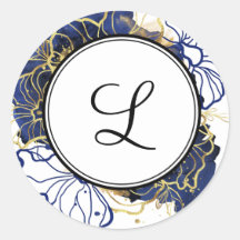 Autocollant Monogramme bleu marine et or floral