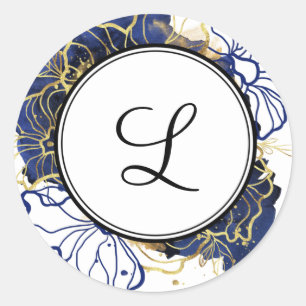 Autocollant Monogramme bleu marine et or floral