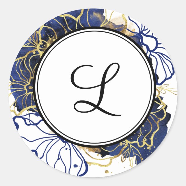Autocollant Monogramme bleu marine et or floral (Devant)