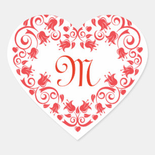 Autocollant monogramme cœur fleur rouge en dentell