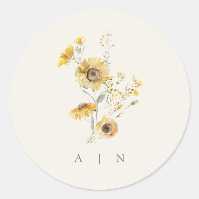 Autocollant monogramme de tournesol d'aquarelle (Devant)