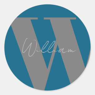 Autocollant Monogramme nom bleu gris élégant