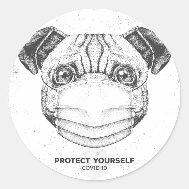 Autocollant personnalisable Pug avec masque facial (Devant)
